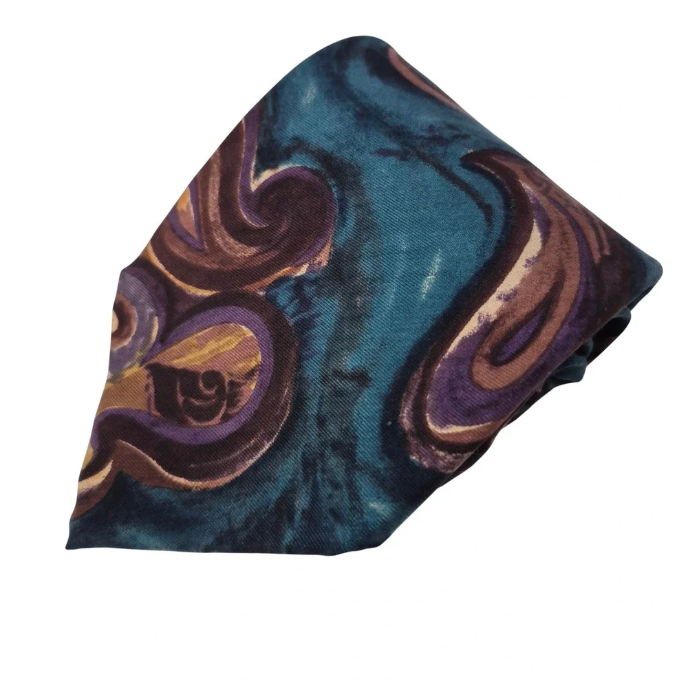 Liberty of London Tie Mens Teal Purple Gold Abstract Paisley Silk Necktie USA
